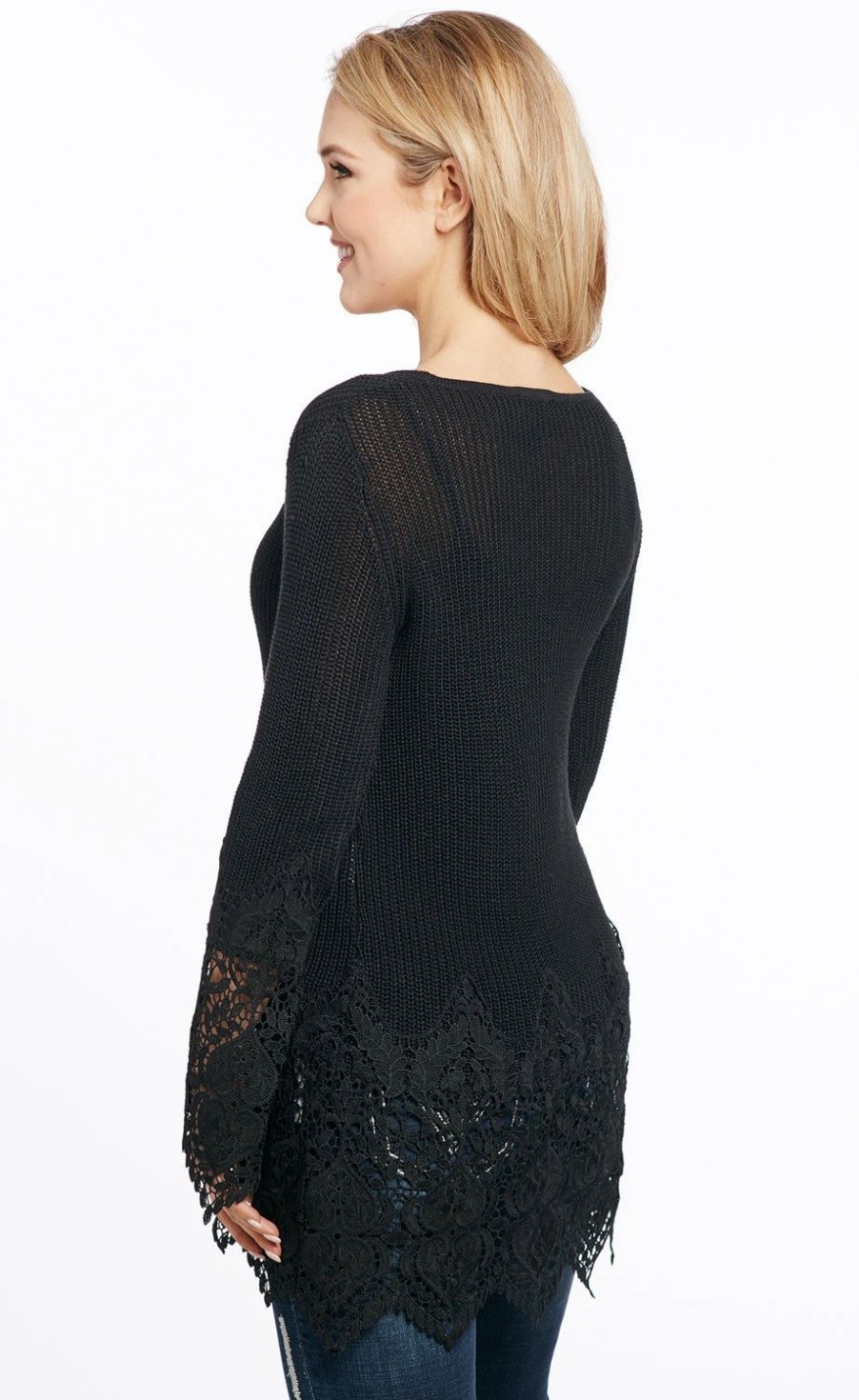 Sweaters / Vests * | Cowgirl Up Womens Black Cotton Blend Lace Cuffs Sweater