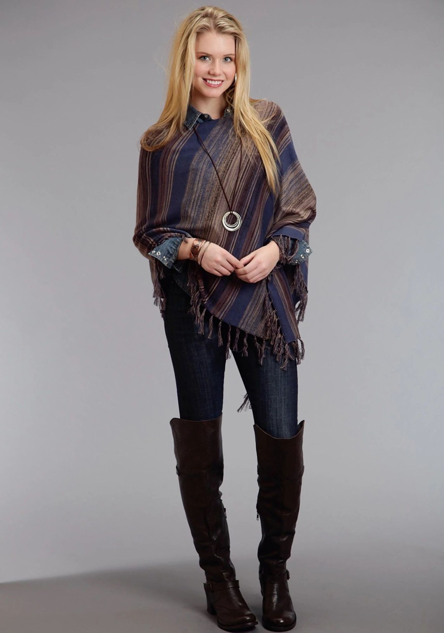 Sweaters / Vests * | Stetson Womens Blue/Brown Asymmetrical Poncho