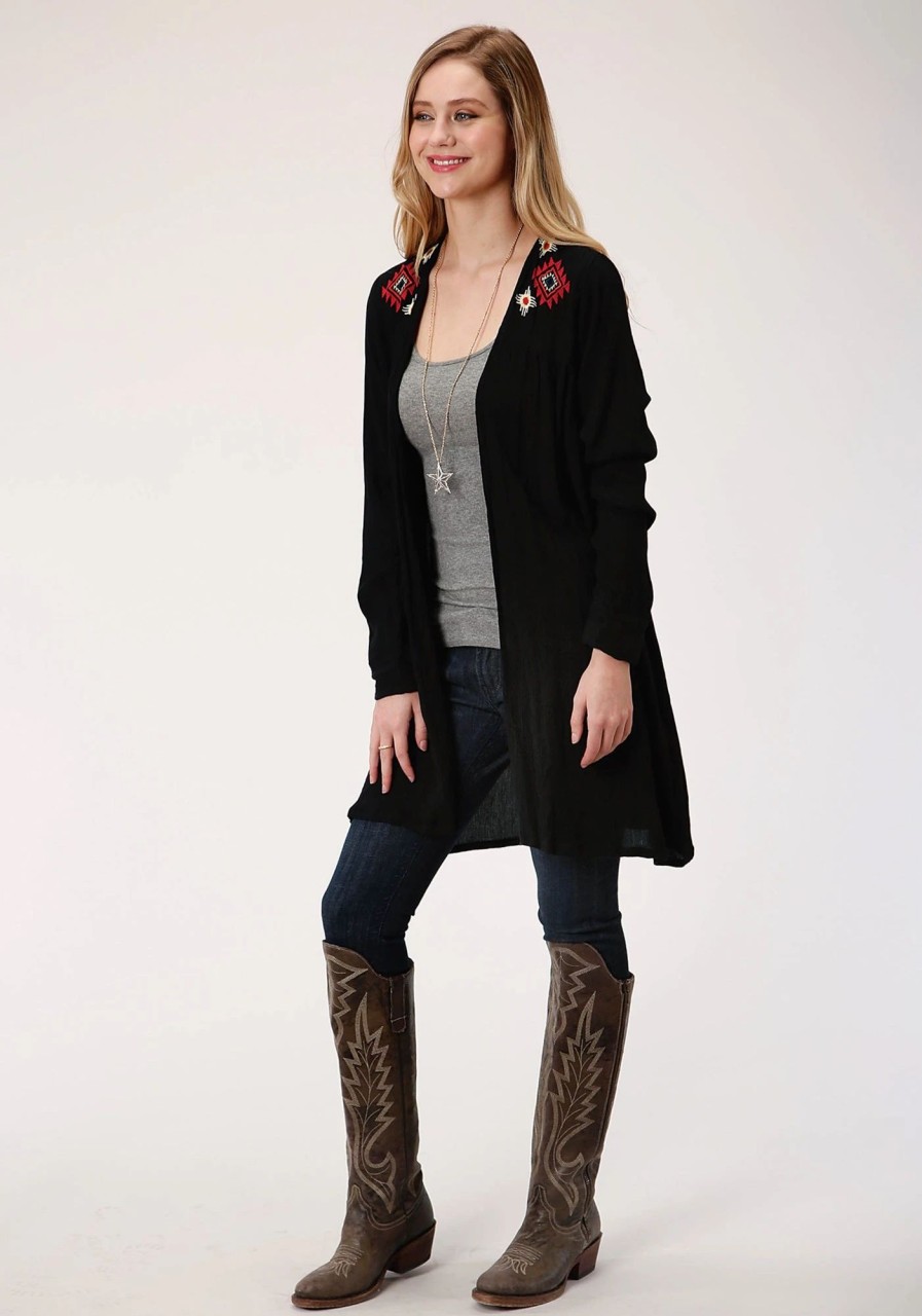 Sweaters / Vests * | Roper Womens Black Rayon/Nylon Western Embroidery Cardigan