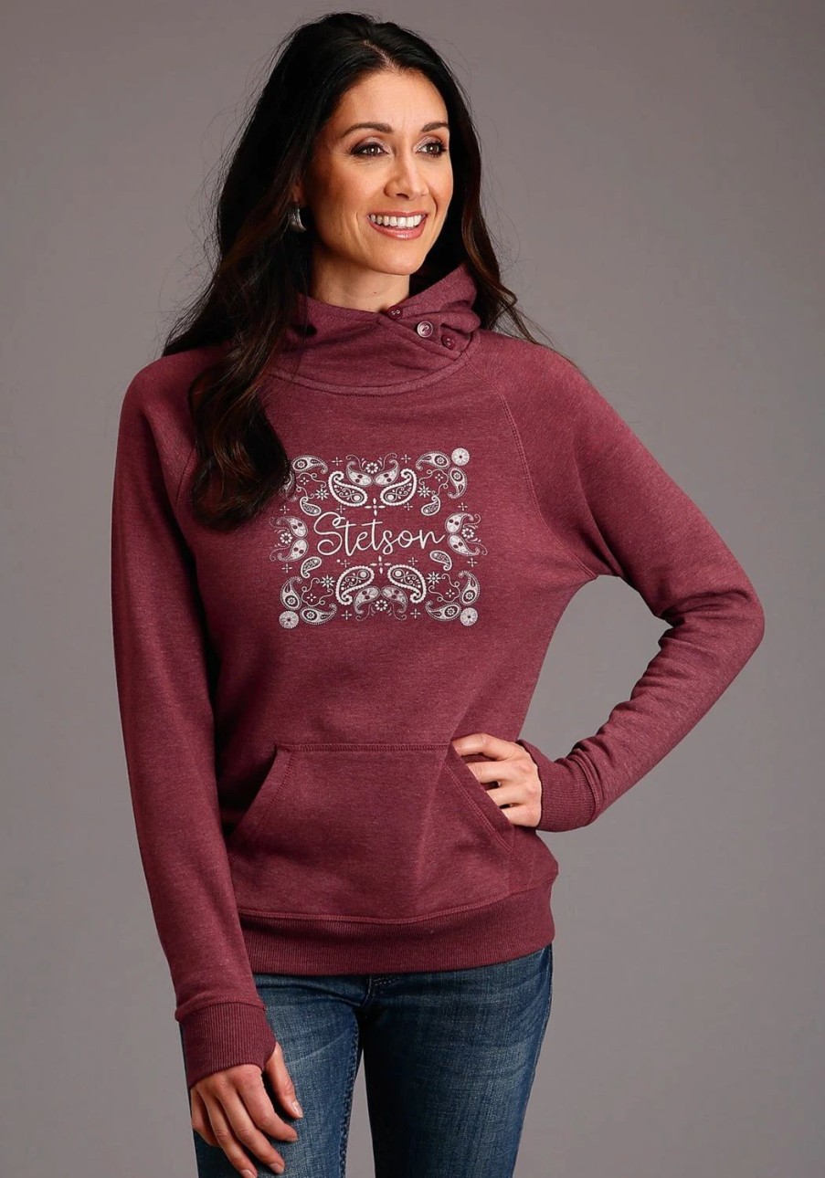 Sweaters / Vests * | Stetson Womens Maroon Cotton Blend Bandana Screenprint Hoodie