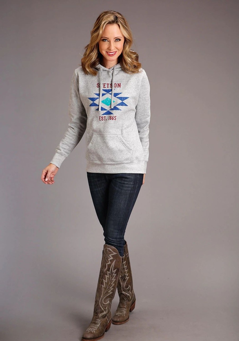 Sweaters / Vests * | Stetson Womens Heather Grey Cotton Blend Aztec Screenprint Hoodie