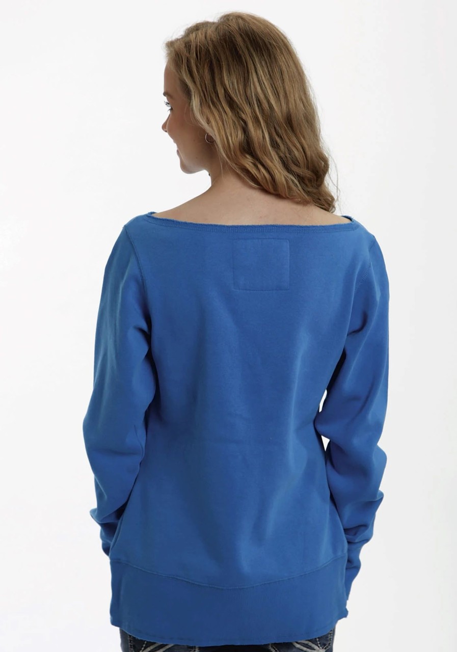 Sweaters / Vests * | Ouray Womens Blue 100% Cotton Usa L/S Raw Edge Sweatshirt