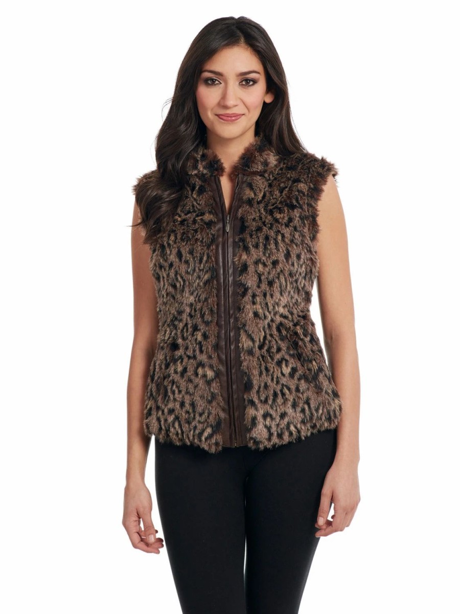 Sweaters / Vests * | Cripple Creek Womens Leopard Polyester Faux Fur Vest