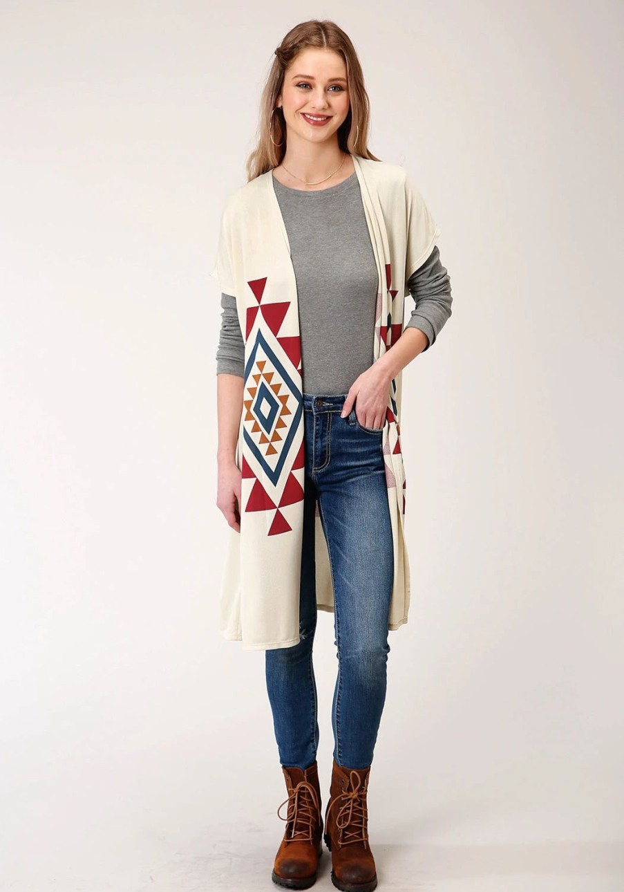 Sweaters / Vests * | Roper Womens Cream Polyester Aztec Sweater Cardigan