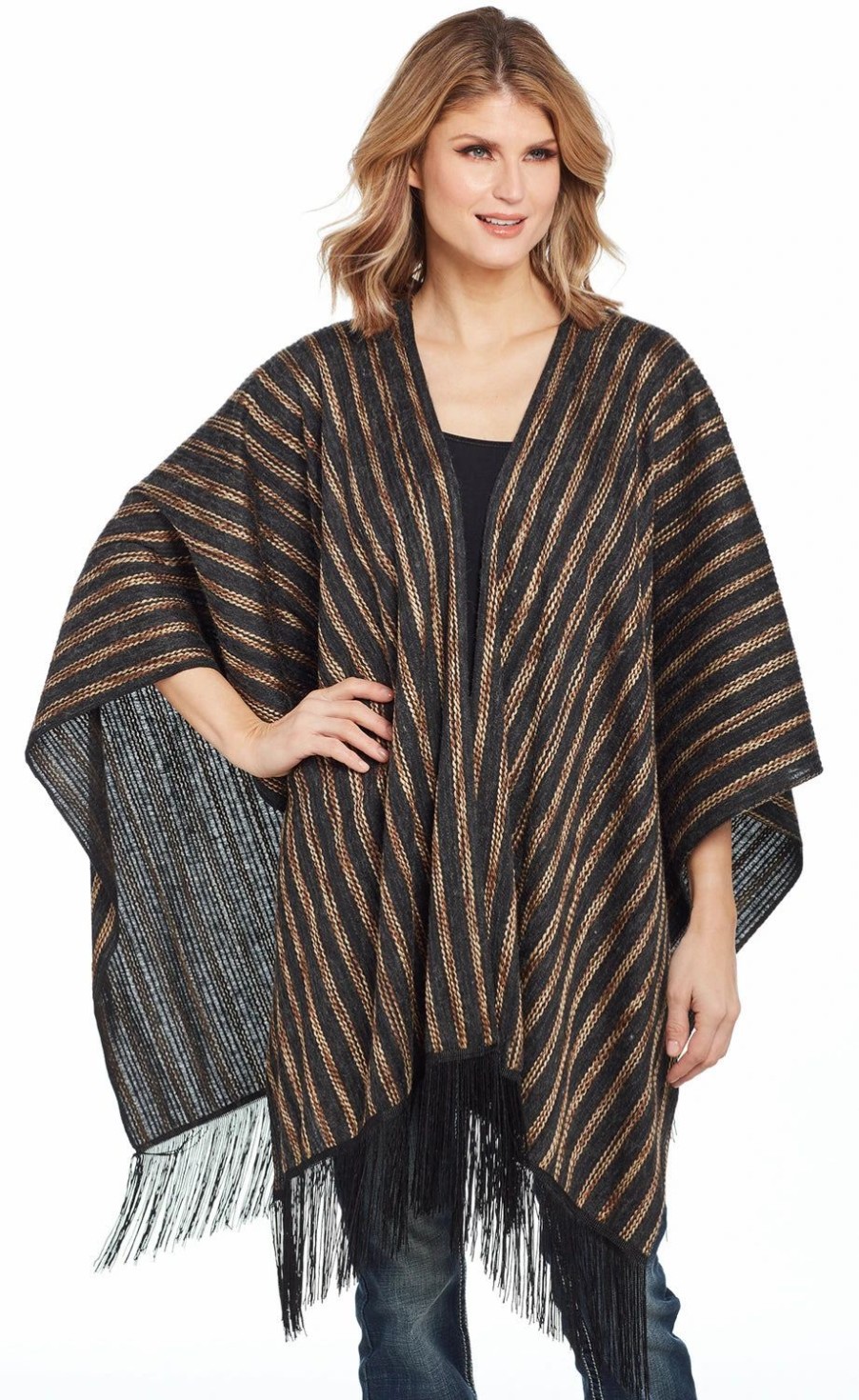 Sweaters / Vests * | Cripple Creek Womens Black Multi Polyester Vertical Blanket Poncho