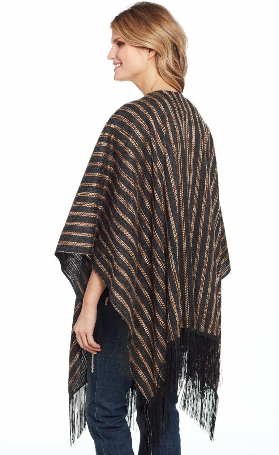 Sweaters / Vests * | Cripple Creek Womens Black Multi Polyester Vertical Blanket Poncho