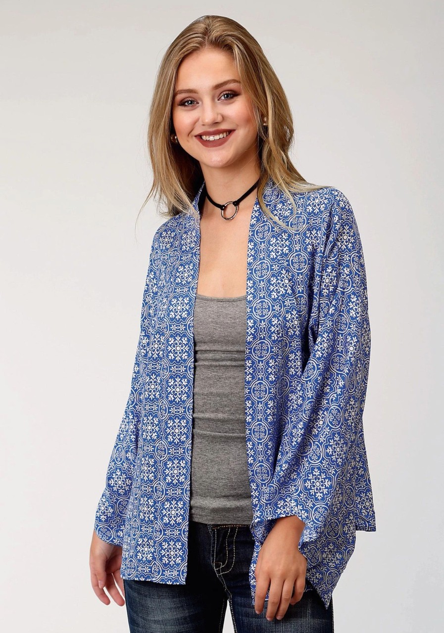 Sweaters / Vests * | Roper Womens Blue Rayon/Nylon Tile Print Cardigan