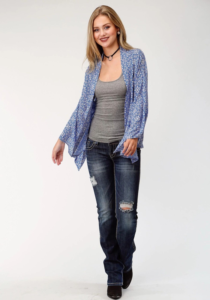 Sweaters / Vests * | Roper Womens Blue Rayon/Nylon Tile Print Cardigan