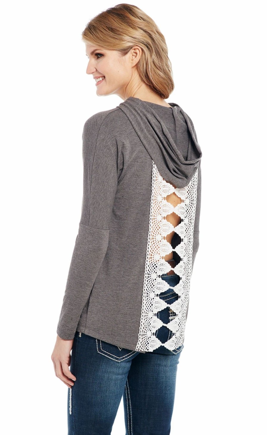 Sweaters / Vests * | Cowgirl Up Womens Gray Rayon Lace Back Panel Hoodie