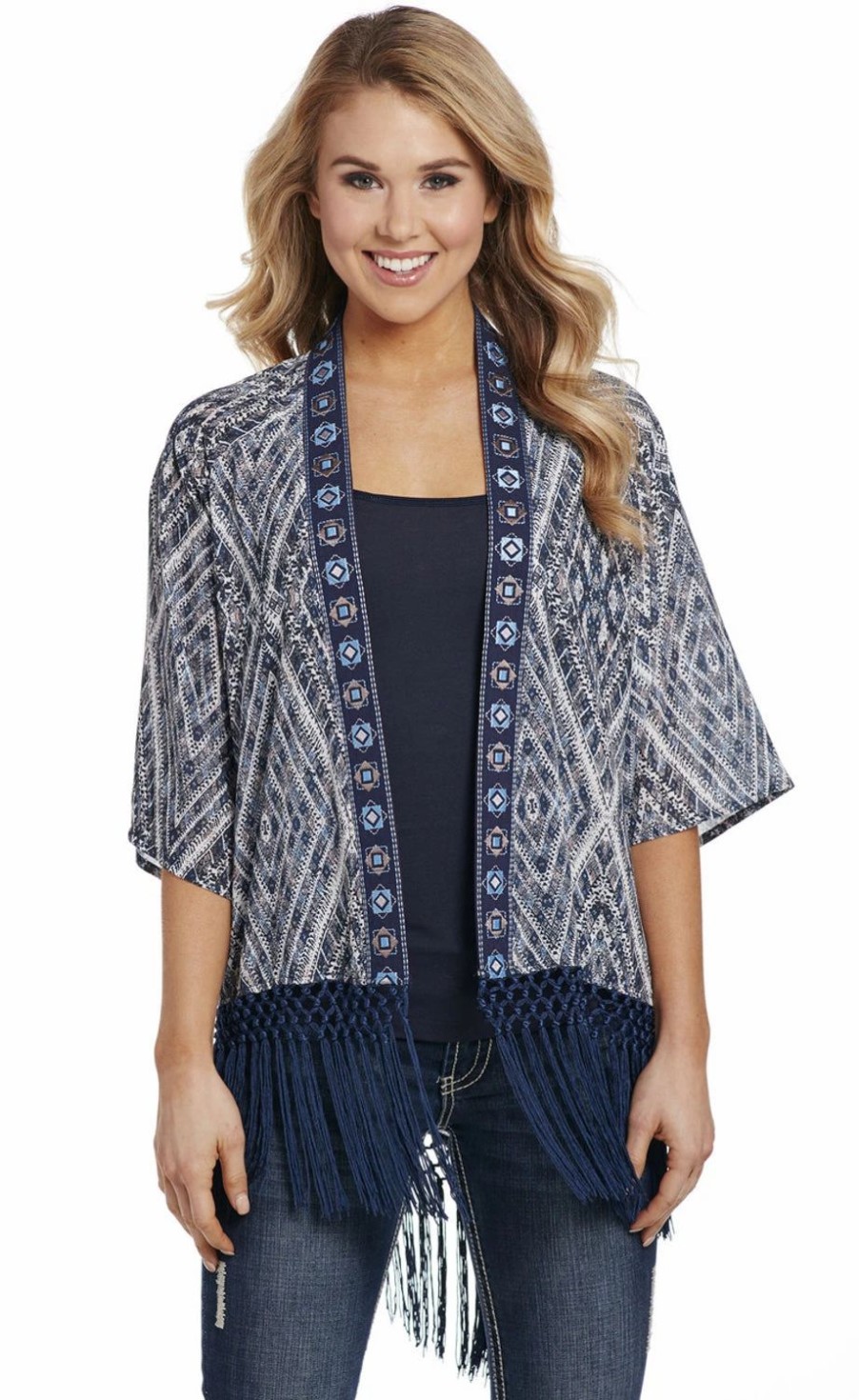 Sweaters / Vests * | Cowgirl Up Womens Open Front Wrap Blue Multi Polyester Cardigan Sweater