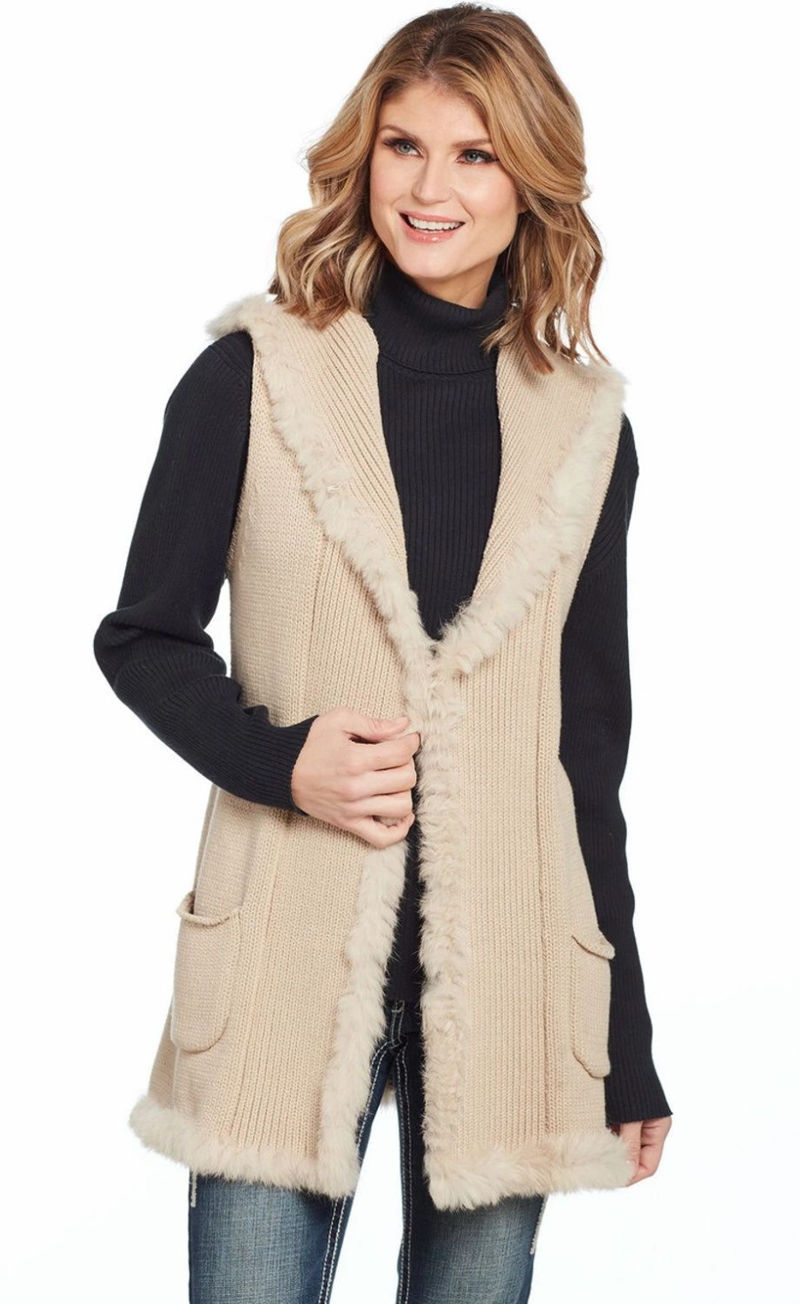 Sweaters / Vests * | Cripple Creek Womens Rabbit Trimmed Hooded Stone Cotton Blend Fur Vest