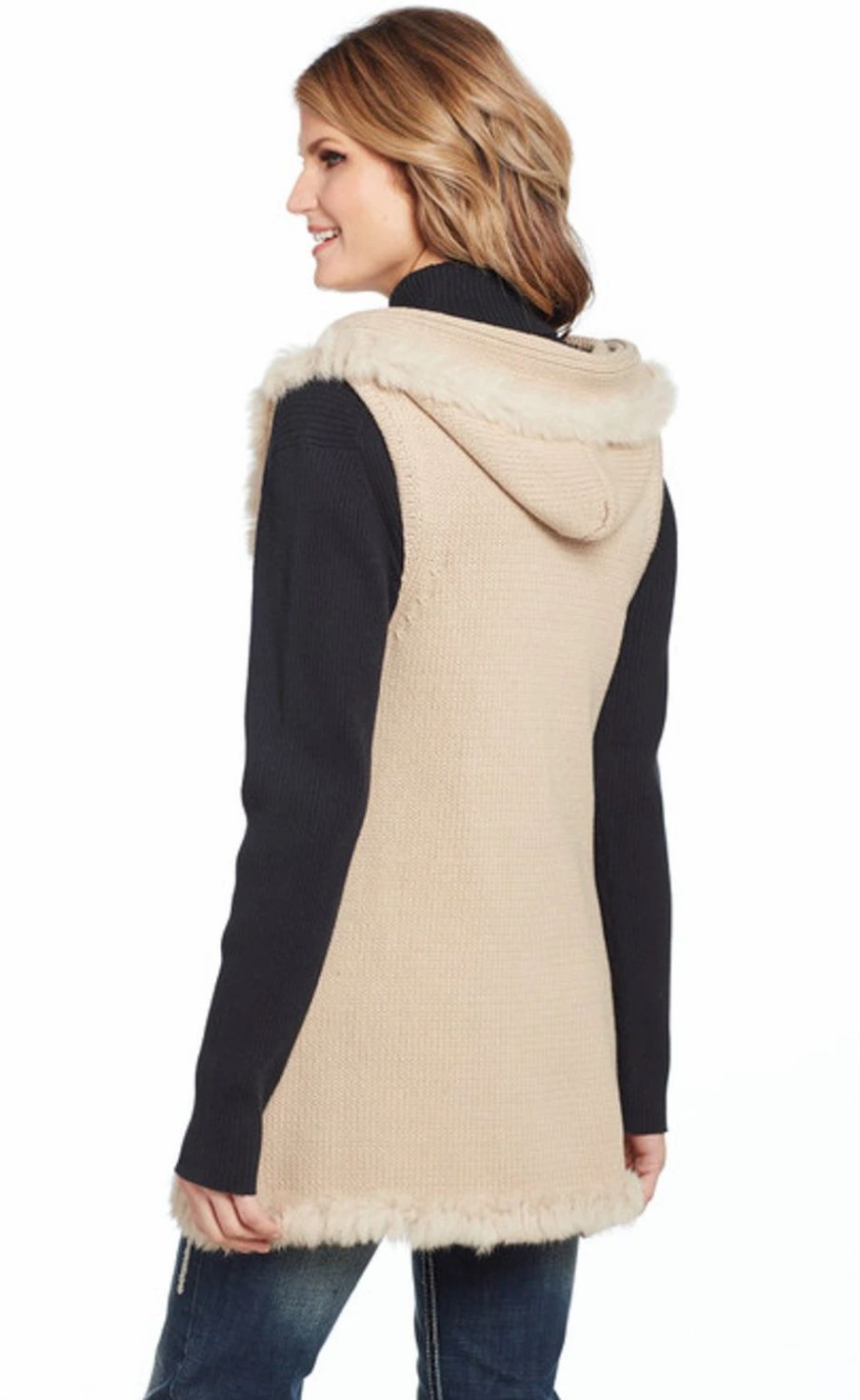 Sweaters / Vests * | Cripple Creek Womens Rabbit Trimmed Hooded Stone Cotton Blend Fur Vest