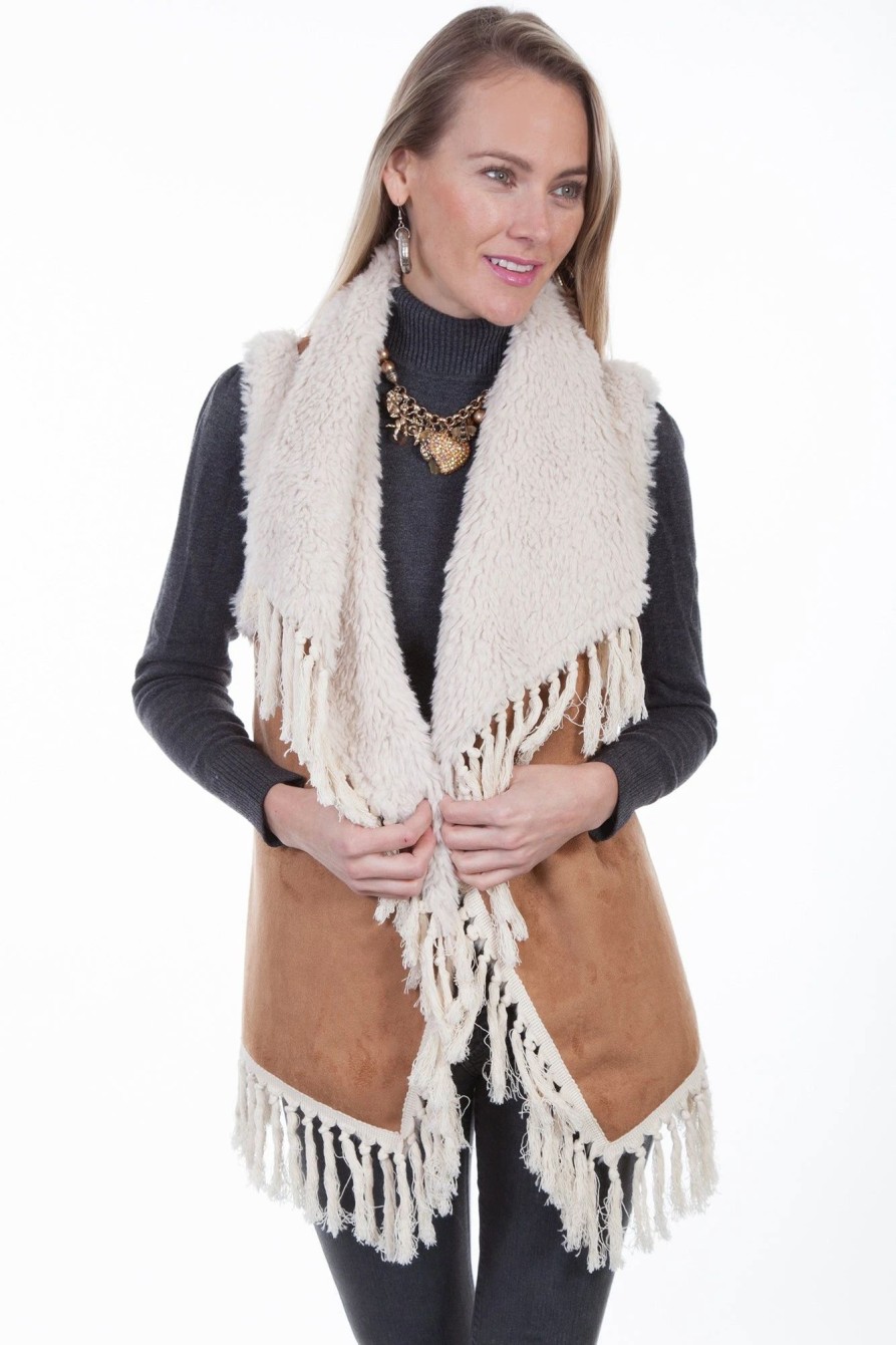 Sweaters / Vests * | Scully Womens Tan Faux Fur Knotted Fringe Vest