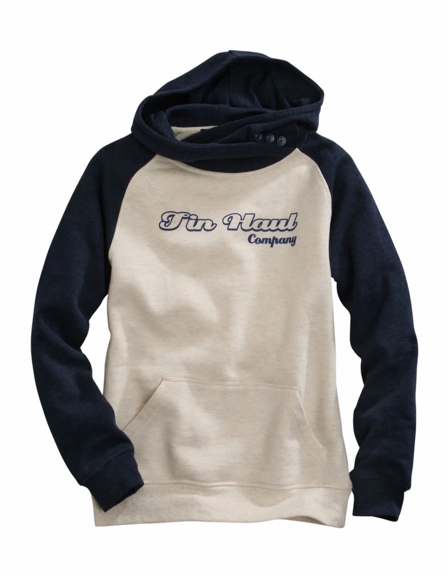 Sweaters / Vests * | Tin Haul Womens Oatmeal/Navy Cotton Blend Retro Logo Hoodie