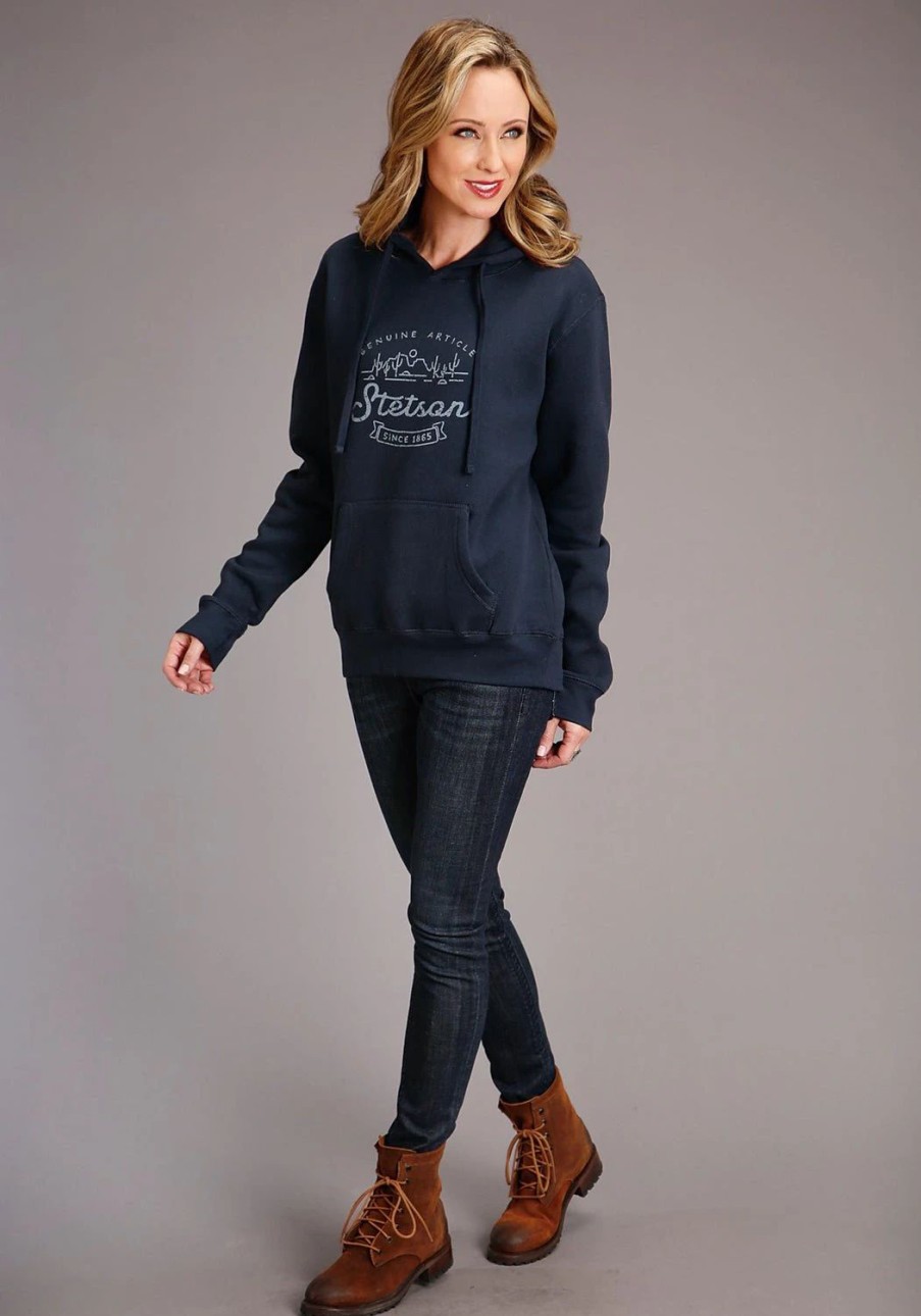 Sweaters / Vests * | Stetson Womens Navy Cotton Blend Mountain Screenprint Hoodie