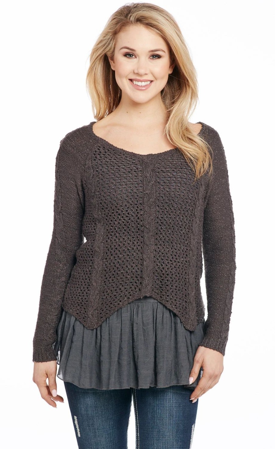 Sweaters / Vests * | Cowgirl Up Womens Charcoal Cotton Blend Braiding Sweater