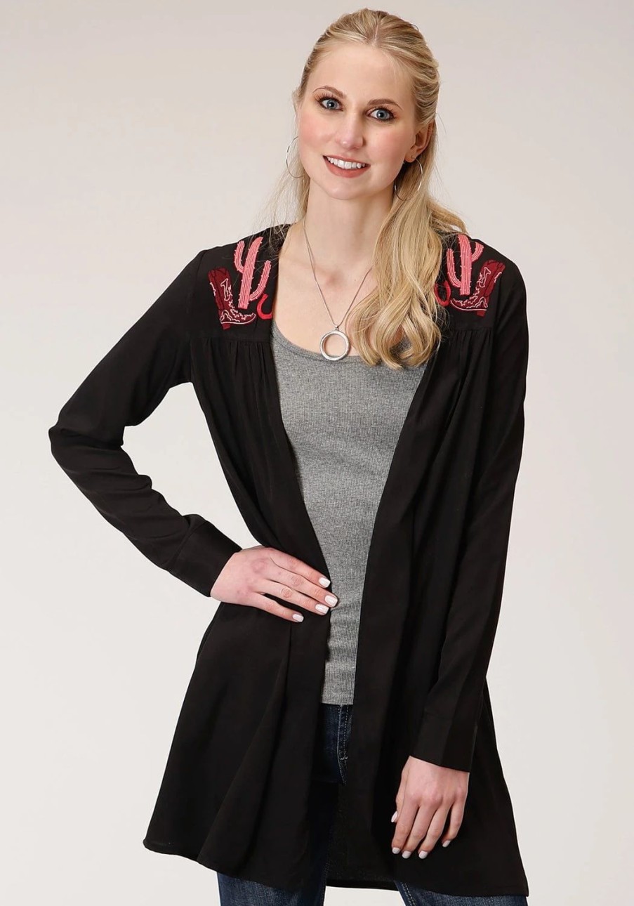 Sweaters / Vests * | Roper Womens Black Polyester Pink Cactus Cardigan