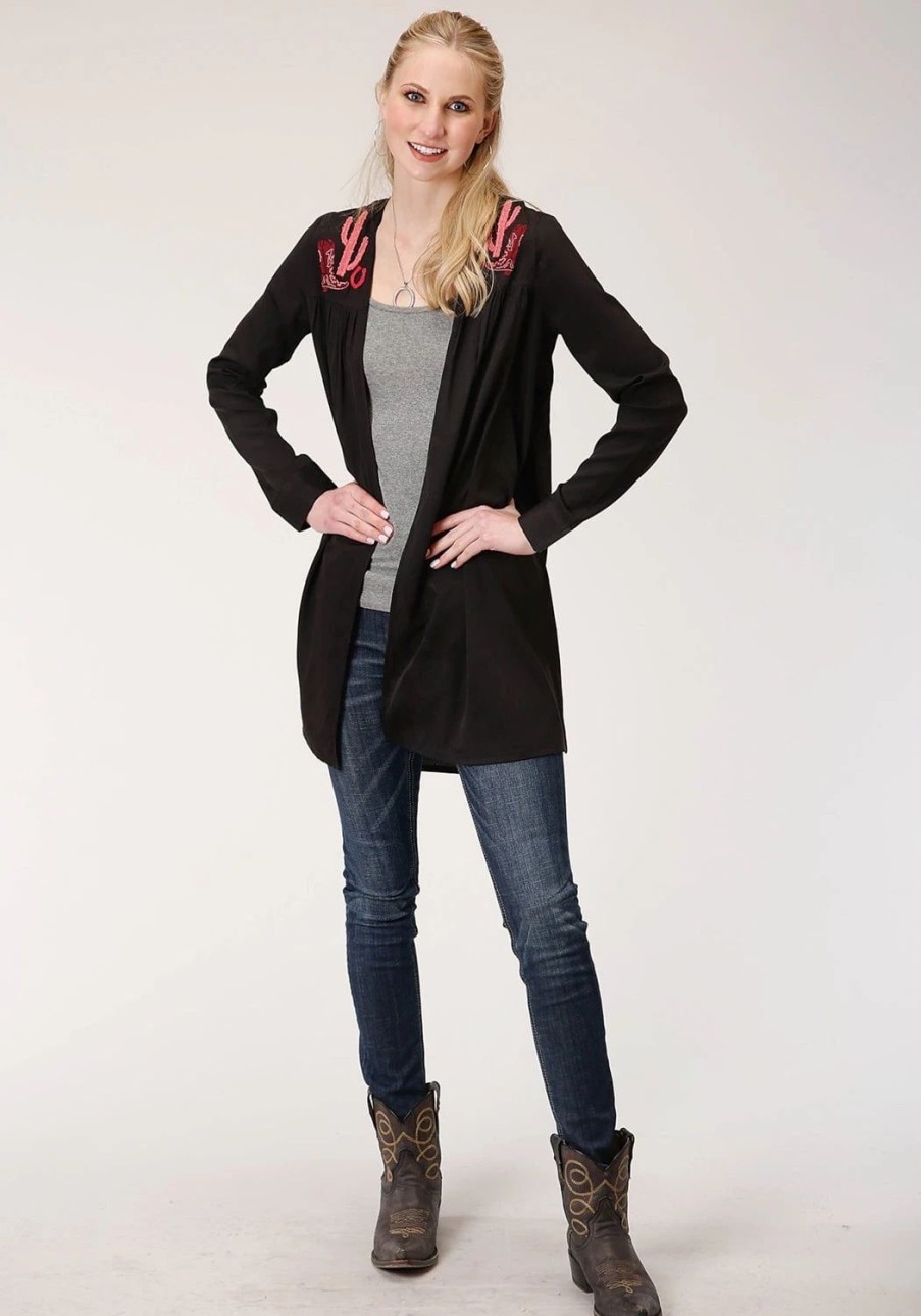 Sweaters / Vests * | Roper Womens Black Polyester Pink Cactus Cardigan