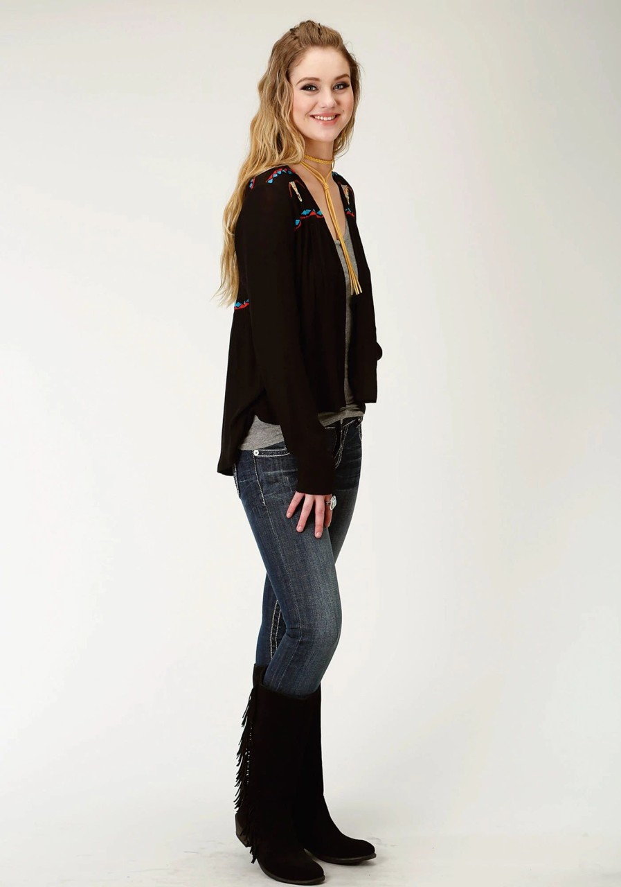 Sweaters / Vests * | Roper Womens Black Cotton Blend Blended Crepe Cardigan