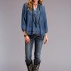 Sweaters / Vests * | Stetson Womens Blue Denim Denim Pullover Peasant S/S Blouse