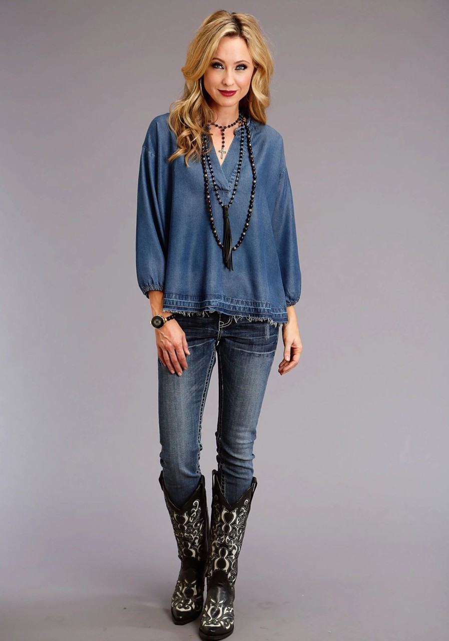 Sweaters / Vests * | Stetson Womens Blue Denim Denim Pullover Peasant S/S Blouse