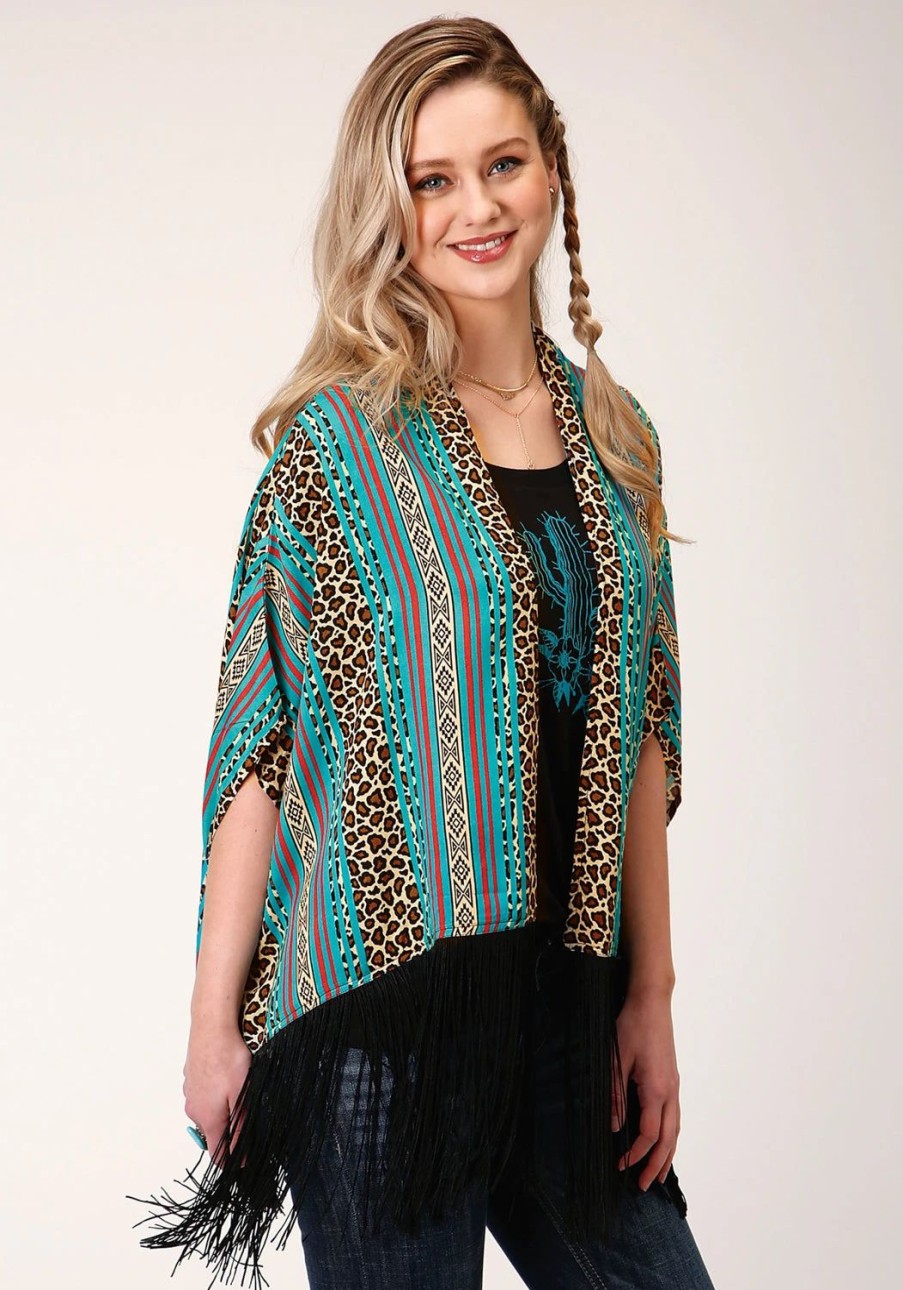 Sweaters / Vests * | Roper Womens Multi-Color Rayon/Nylon Leopard Stripe Poncho