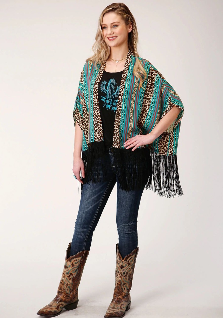 Sweaters / Vests * | Roper Womens Multi-Color Rayon/Nylon Leopard Stripe Poncho