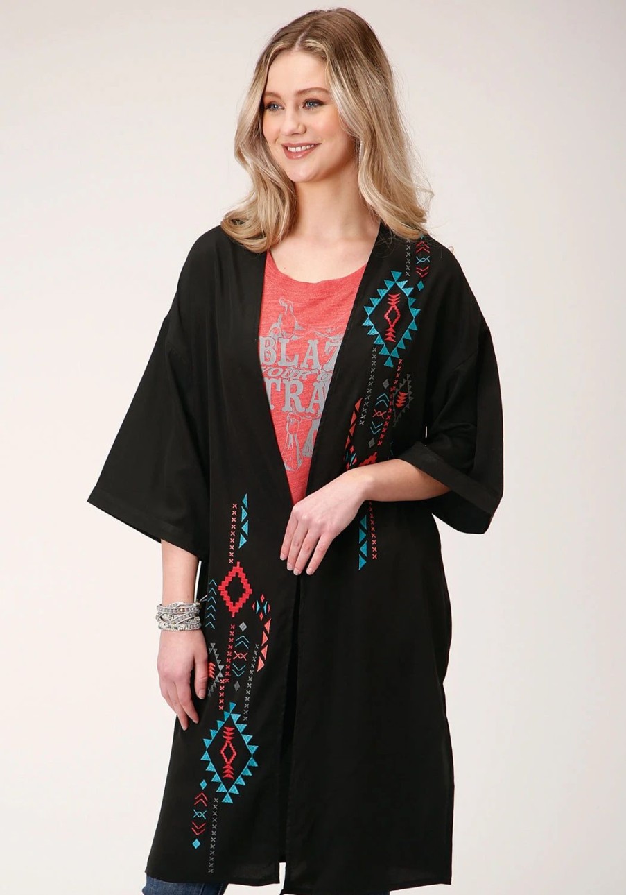 Sweaters / Vests * | Roper Womens Black Polyester Southwestern Kimono Cardigan