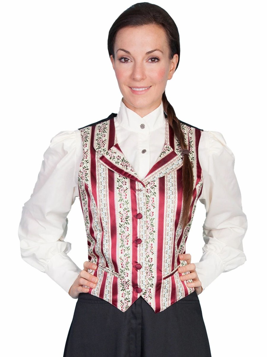 Sweaters / Vests * | Scully Rangewear Womens Burgundy Polyester Wallpaper Stripe Lapel Vest