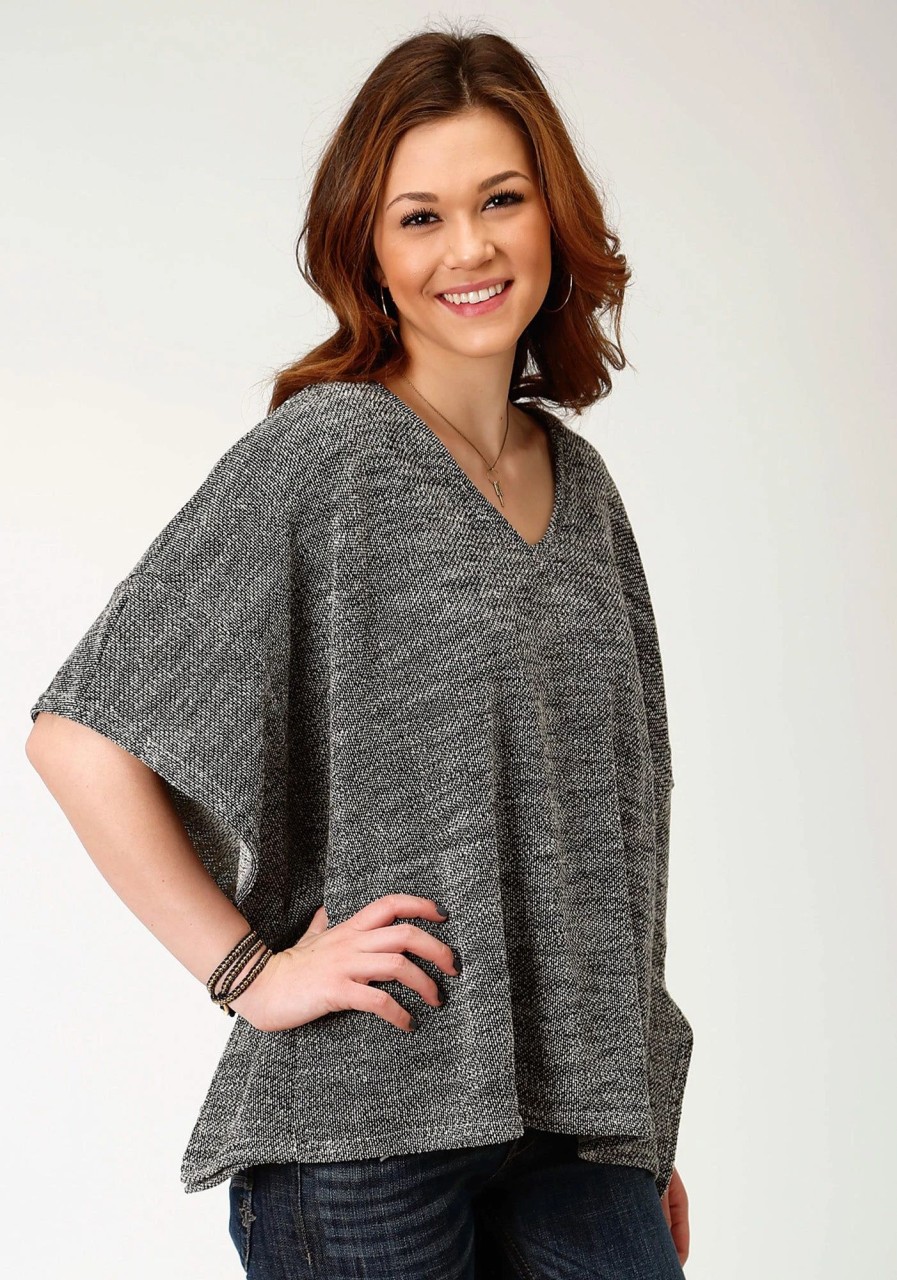 Sweaters / Vests * | Roper Womens Black/White Cotton Blend V-Neck Poncho Sweater