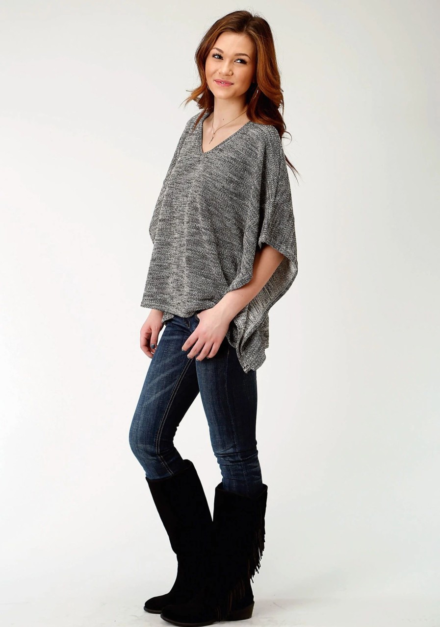 Sweaters / Vests * | Roper Womens Black/White Cotton Blend V-Neck Poncho Sweater