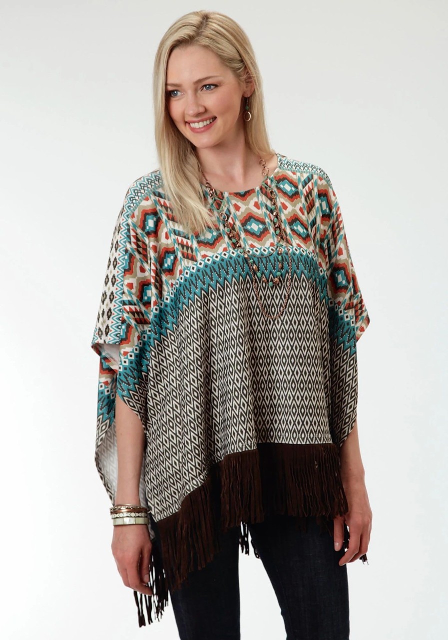 Sweaters / Vests * | Roper Aztec Print Ladies Brown Polyester Poncho Sweater