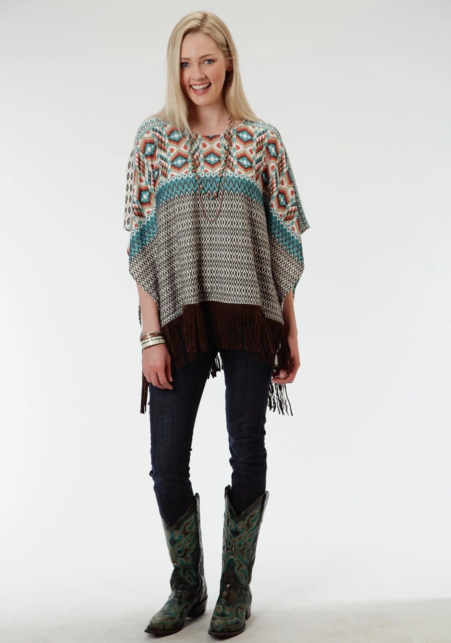 Sweaters / Vests * | Roper Aztec Print Ladies Brown Polyester Poncho Sweater