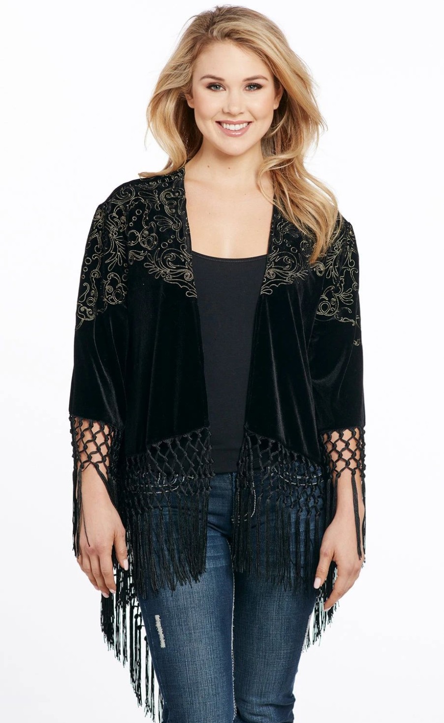 Sweaters / Vests * | Cowgirl Up Womens Black Polyester Velvet Embroidery Sweater