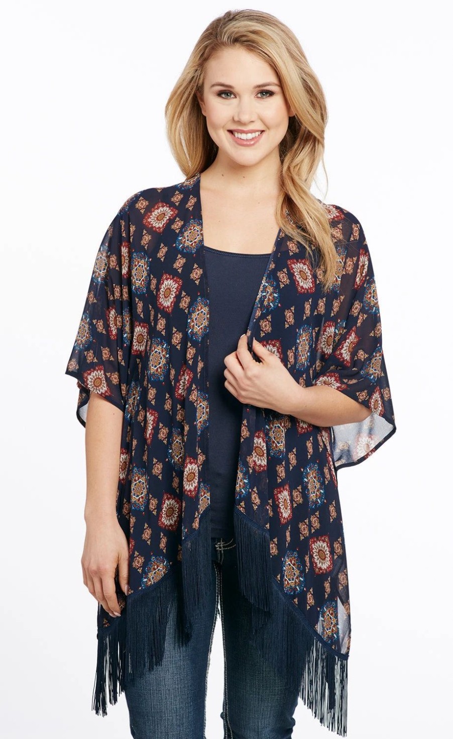 Sweaters / Vests * | Cowgirl Up Womens Navy Polyester Kimono Lace Sweater