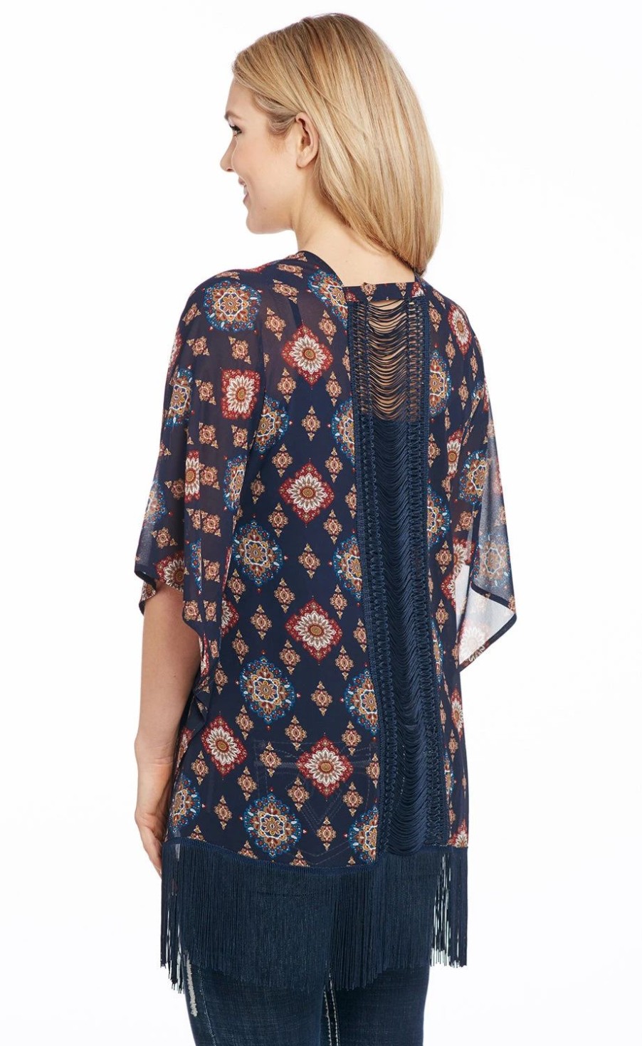 Sweaters / Vests * | Cowgirl Up Womens Navy Polyester Kimono Lace Sweater