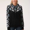 Sweaters / Vests * | Roper Womens Black Polyester Cowl Neck Navajo Rug Hoodie