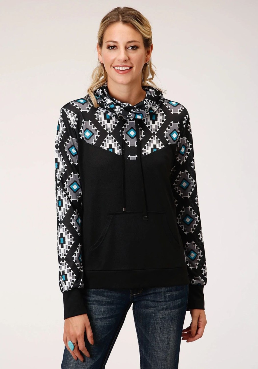 Sweaters / Vests * | Roper Womens Black Polyester Cowl Neck Navajo Rug Hoodie