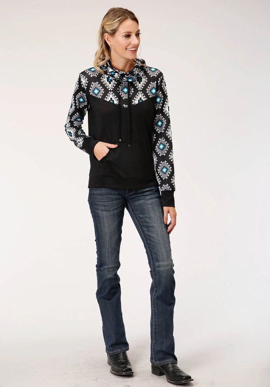 Sweaters / Vests * | Roper Womens Black Polyester Cowl Neck Navajo Rug Hoodie