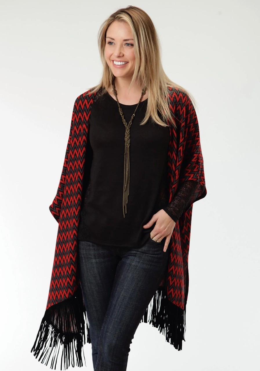 Sweaters / Vests * | Roper Black Chevron Ladies Red Polyester Poncho Sweater