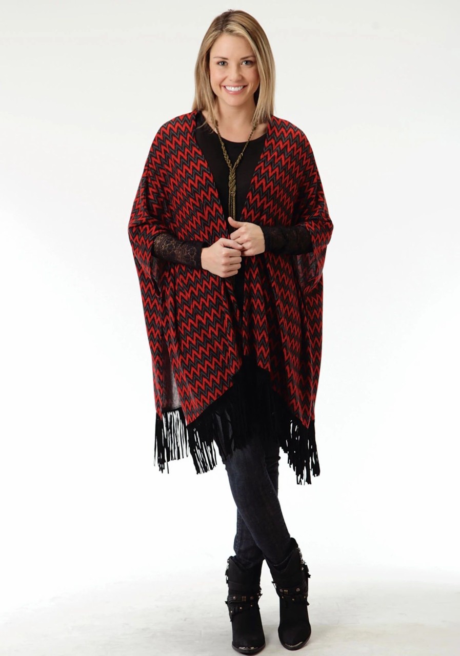 Sweaters / Vests * | Roper Black Chevron Ladies Red Polyester Poncho Sweater