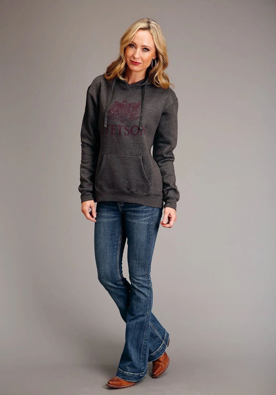 Sweaters / Vests * | Stetson Womens Graphite Grey Cotton Blend Crest Logo Hoodie