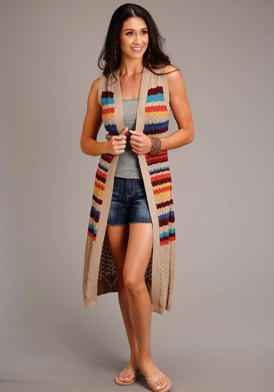 Sweaters / Vests * | Stetson Womens Multi-Color 100% Cotton Open Weave Striped Cardigan