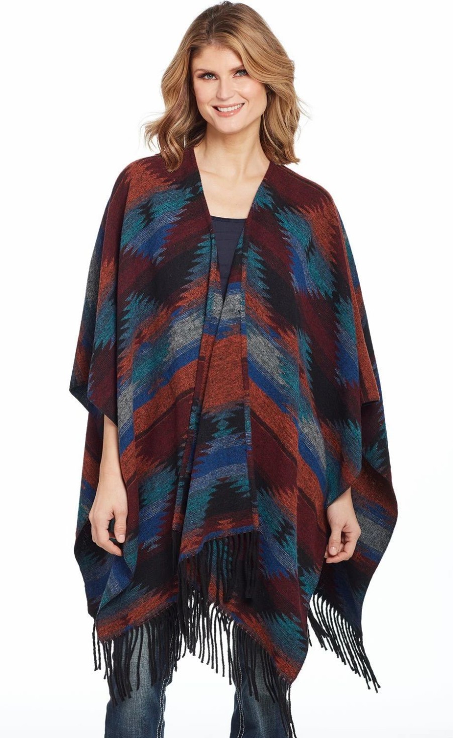 Sweaters / Vests * | Cripple Creek Womens Turquoise Multi Polyester Vertical Blanket Poncho