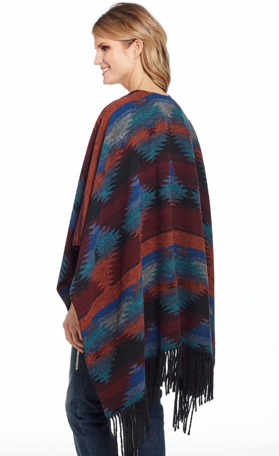 Sweaters / Vests * | Cripple Creek Womens Turquoise Multi Polyester Vertical Blanket Poncho