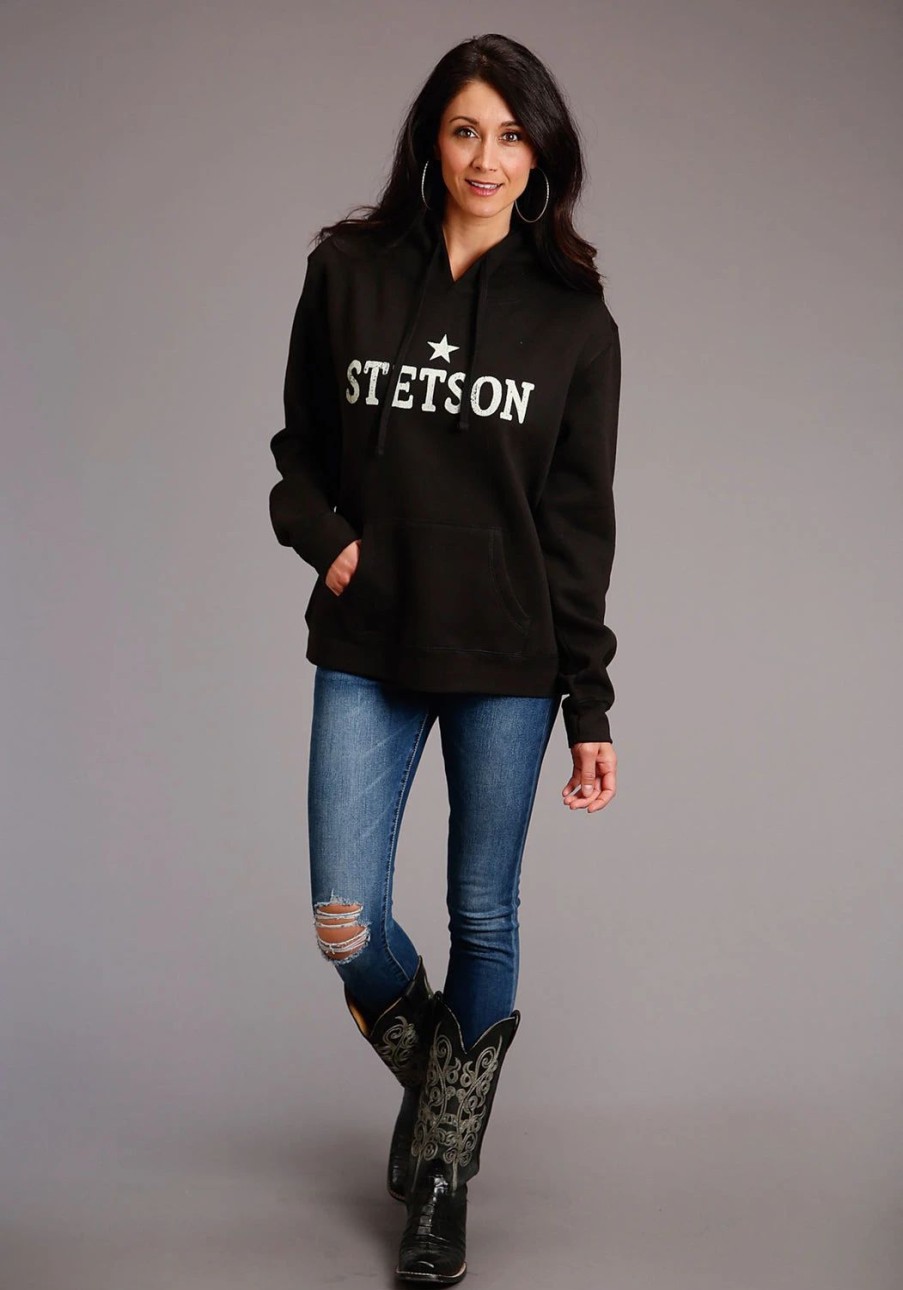 Sweaters / Vests * | Stetson Womens Black Cotton Blend Star Logo Hoodie