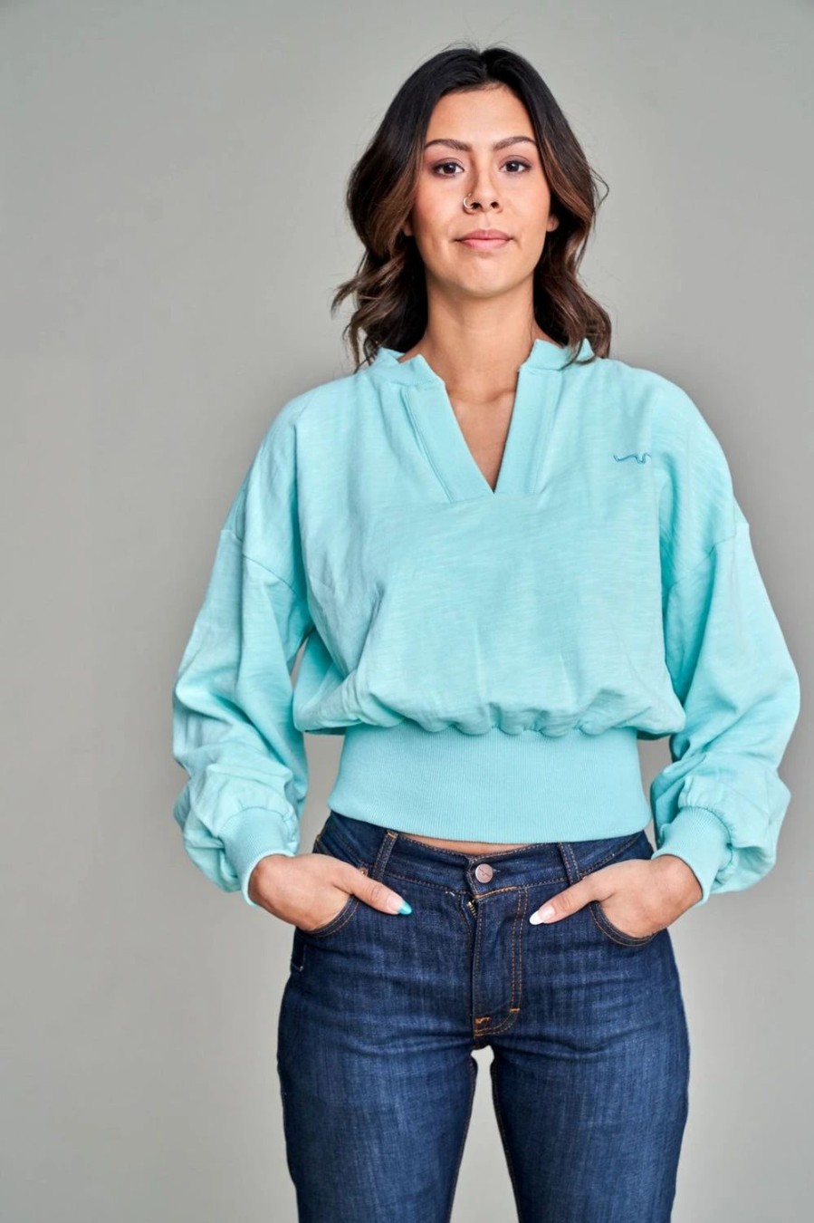 Sweaters / Vests * | Kimes Ranch Womens Dewey V Neck Turquoise 100% Cotton Pullover Sweater