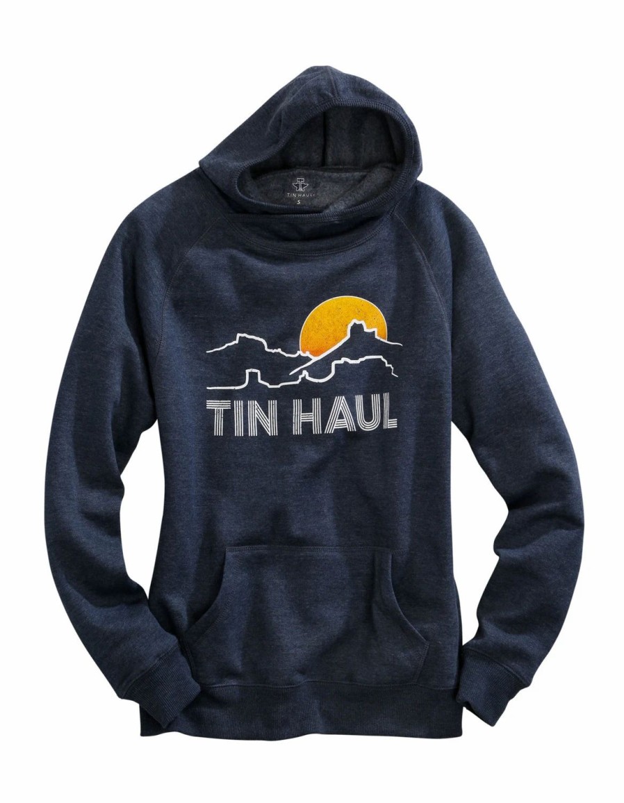 Sweaters / Vests * | Tin Haul Womens Navy Blue Cotton Blend Mountain Logo Hoodie