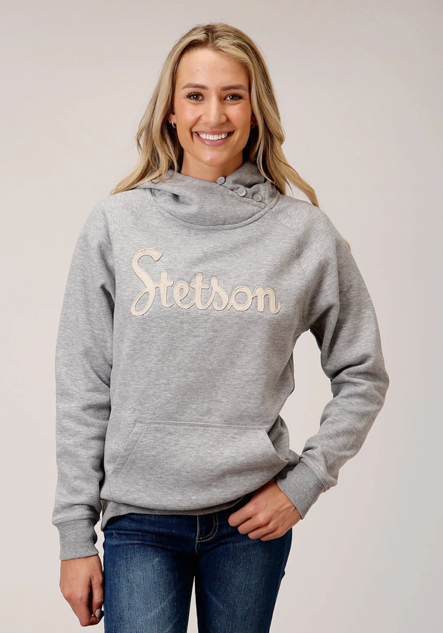 Sweaters / Vests * | Stetson Womens Grey Cotton Blend 3 Button Applique Hoodie