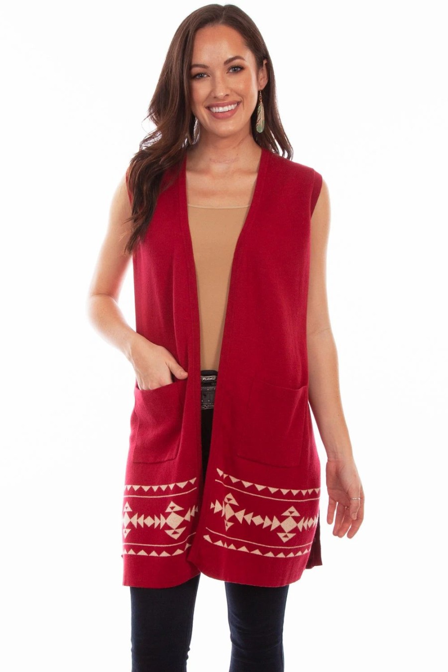 Sweaters / Vests * | Scully Womens Red/Taupe 100% Cotton Indian Headdress Cardigan